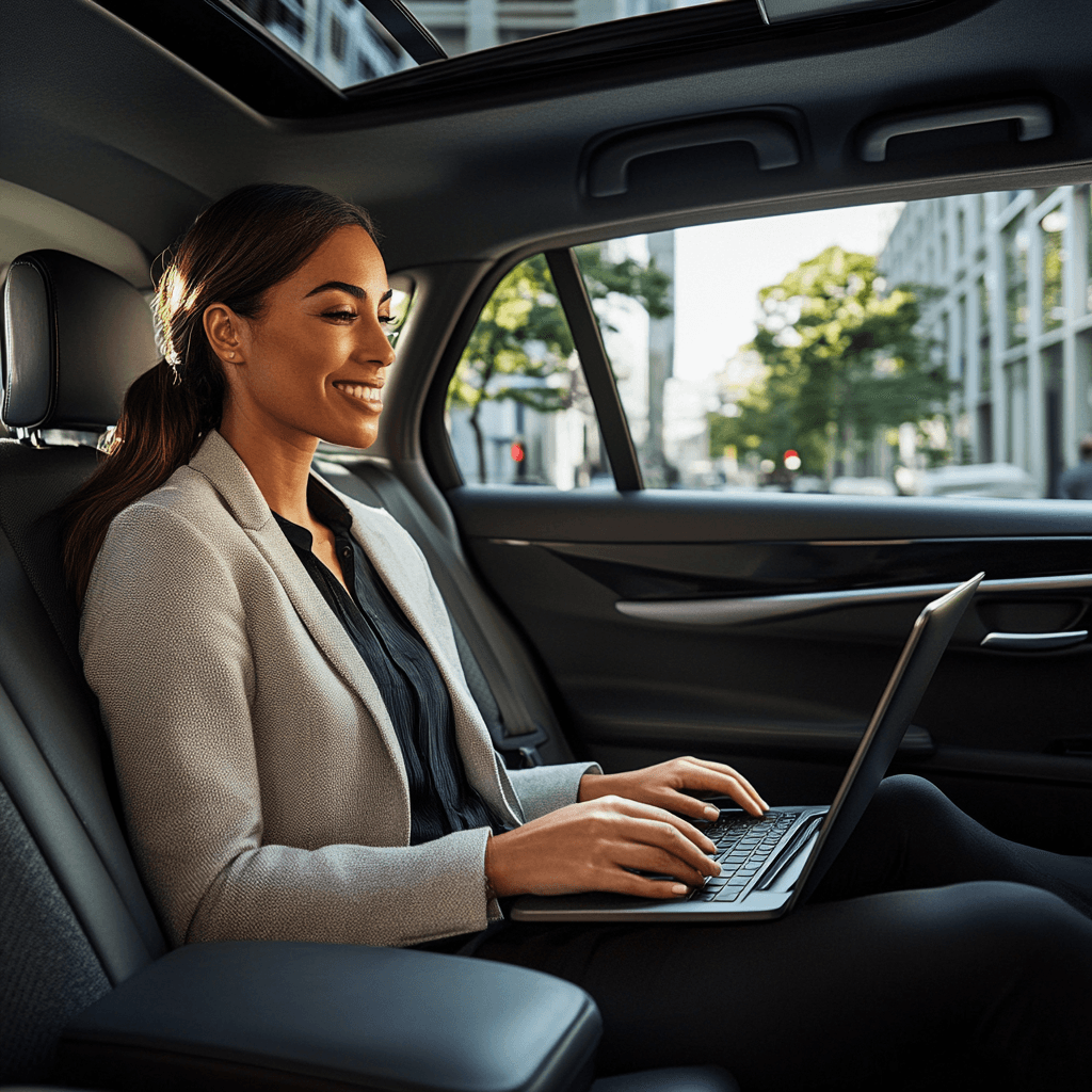 Business person working in car with driver