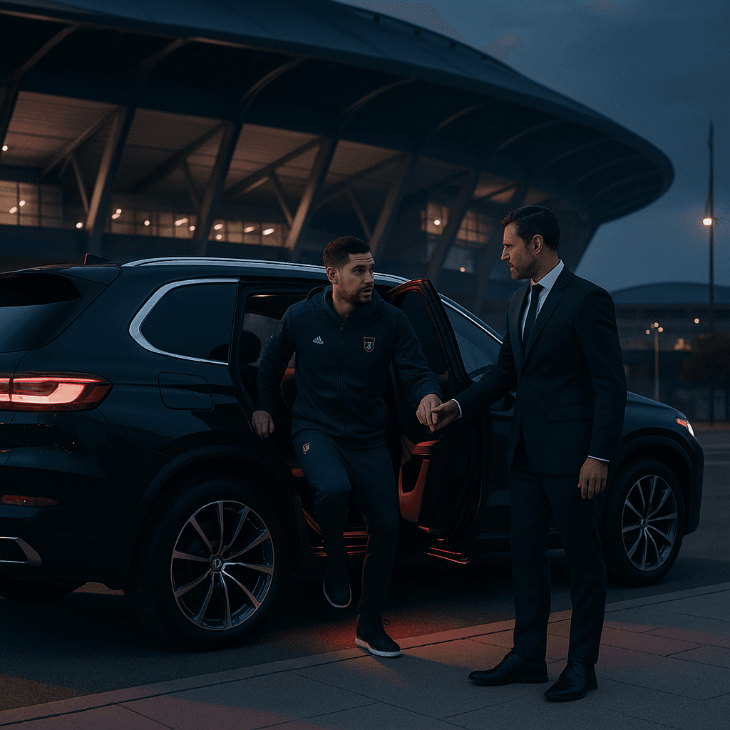 VIP athlete stepping out of the rear passenger door of a luxury SUV chauffeured by Jeevz outside a stadium