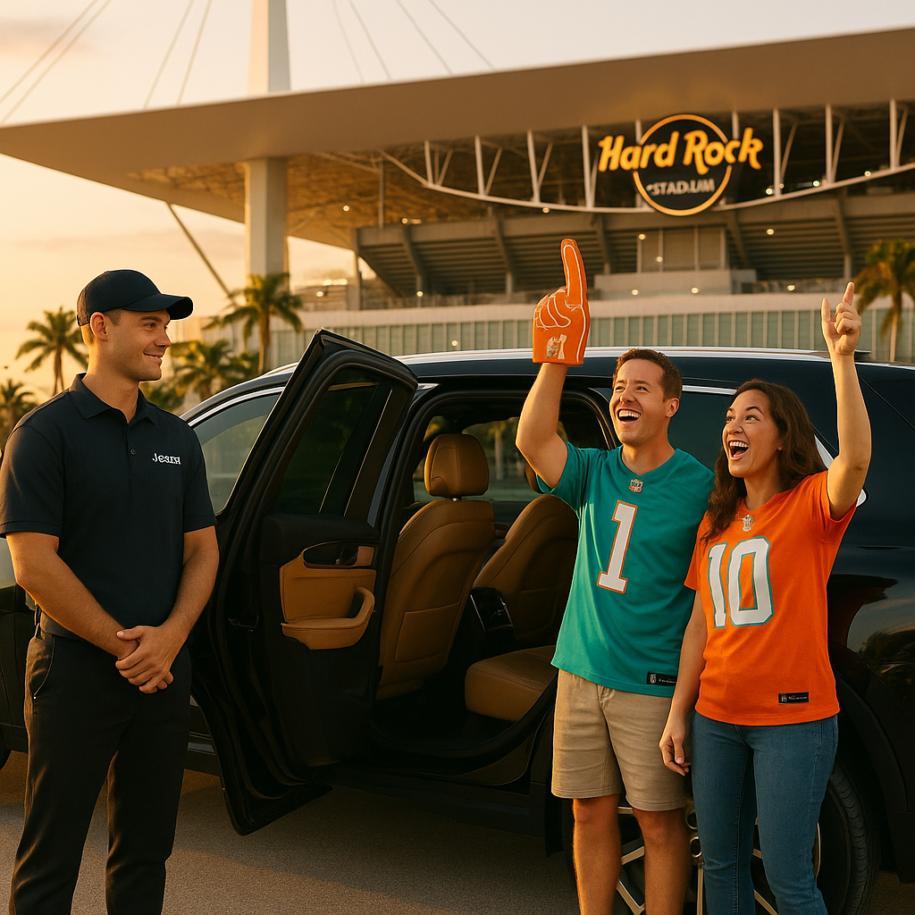 Jeevz driver in polo shirt with Miami Dolphins fans by luxury SUV - Professional transportation to Hard Rock Stadium
