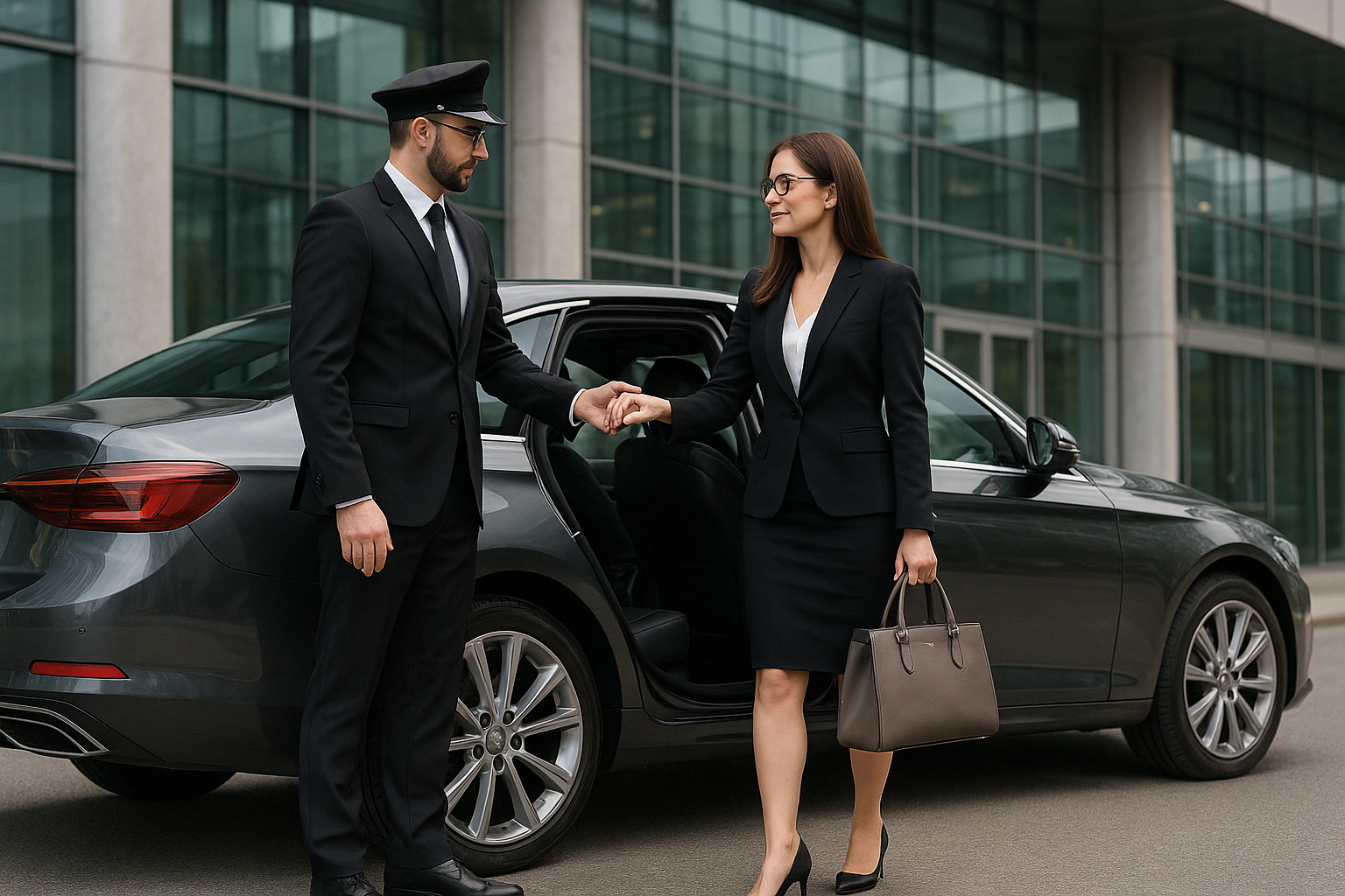 Professional personal driver in business attire standing next to a luxury vehicle, ready to assist clients with their transportation needs