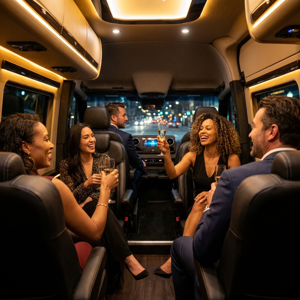 Friends enjoying champagne in the back of a luxury Sprinter van while a professional driver takes them to their destination